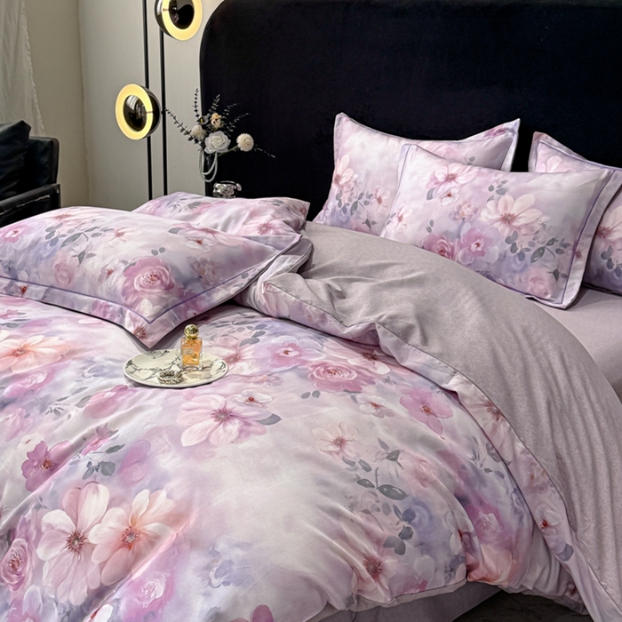 91家纺网 家纺一手货源 找家纺 喜四方 2025新款加厚天丝棉磨毛数码印花四件套 花锦-紫