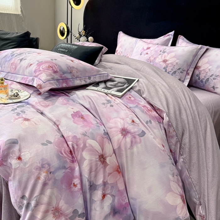 91家纺网 家纺一手货源 找家纺 喜四方 2025新款加厚天丝棉磨毛数码印花四件套 花锦-紫