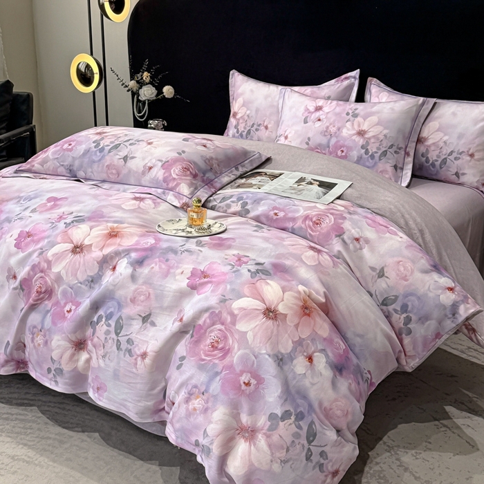 91家纺网 家纺一手货源 找家纺 喜四方 2025新款加厚天丝棉磨毛数码印花四件套 花锦-紫