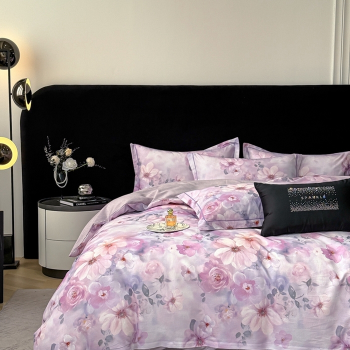 91家纺网 家纺一手货源 找家纺 喜四方 2025新款加厚天丝棉磨毛数码印花四件套 花锦-紫