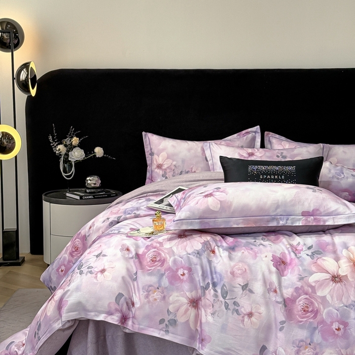 91家纺网 家纺一手货源 找家纺 喜四方 2025新款加厚天丝棉磨毛数码印花四件套 花锦-紫