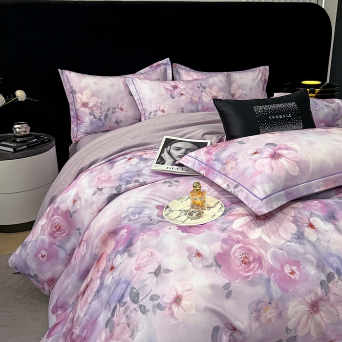 91家纺网 家纺一手货源 找家纺 喜四方 2025新款加厚天丝棉磨毛数码印花四件套 花锦-紫