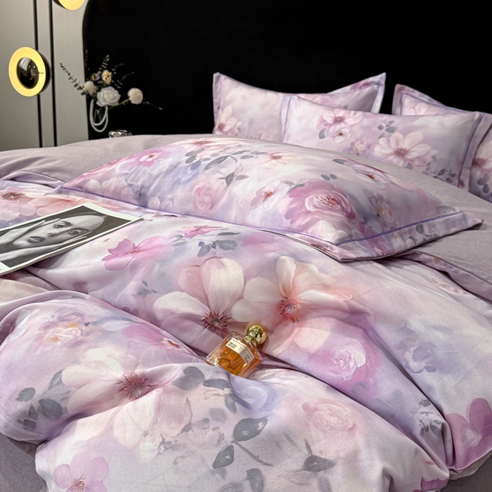 91家纺网 家纺一手货源 找家纺 喜四方 2025新款加厚天丝棉磨毛数码印花四件套 花锦-紫