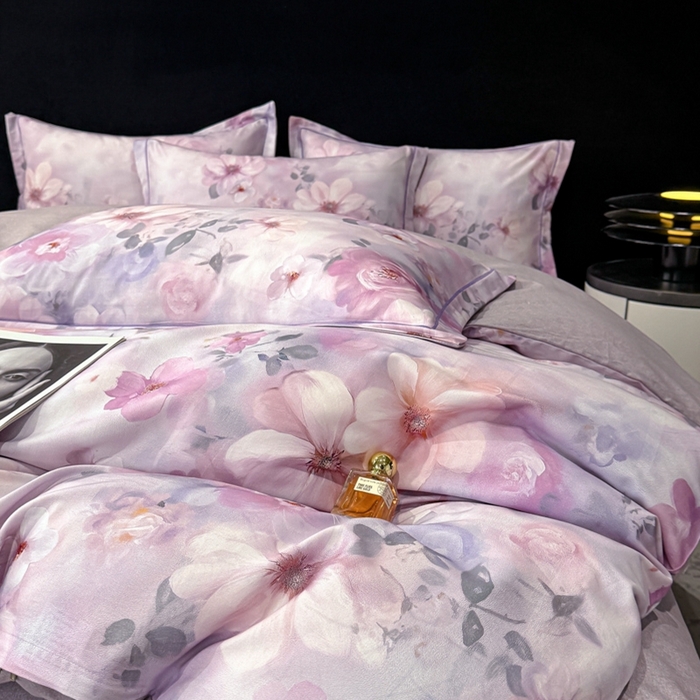 91家纺网 家纺一手货源 找家纺 喜四方 2025新款加厚天丝棉磨毛数码印花四件套 花锦-紫