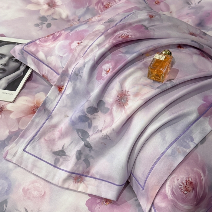 91家纺网 家纺一手货源 找家纺 喜四方 2025新款加厚天丝棉磨毛数码印花四件套 花锦-紫