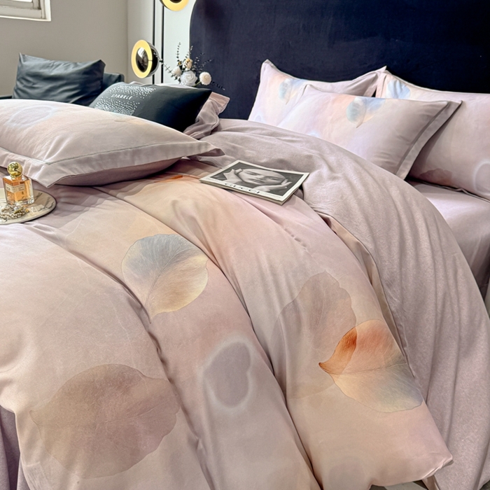 91家纺网 家纺一手货源 找家纺 喜四方 2025新款加厚天丝棉磨毛数码印花四件套 寄情绯叶-粉