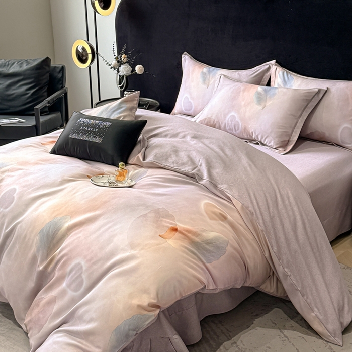 91家纺网 家纺一手货源 找家纺 喜四方 2025新款加厚天丝棉磨毛数码印花四件套 寄情绯叶-粉