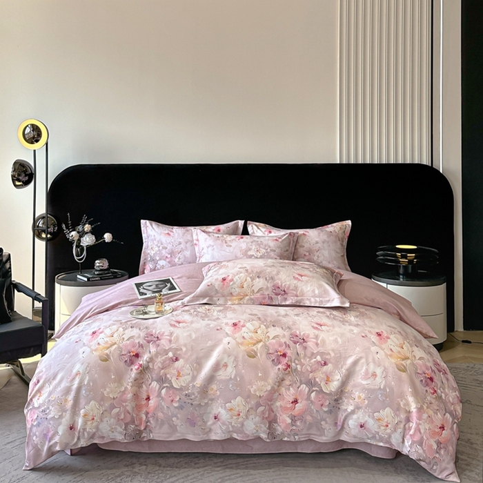 喜四方 2025新款加厚天丝棉磨毛数码印花四件套 澜音花束-粉