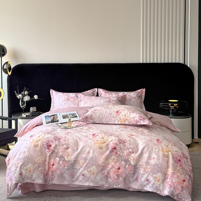 91家纺网 家纺一手货源 找家纺 喜四方 2025新款加厚天丝棉磨毛数码印花四件套 澜音花束-粉