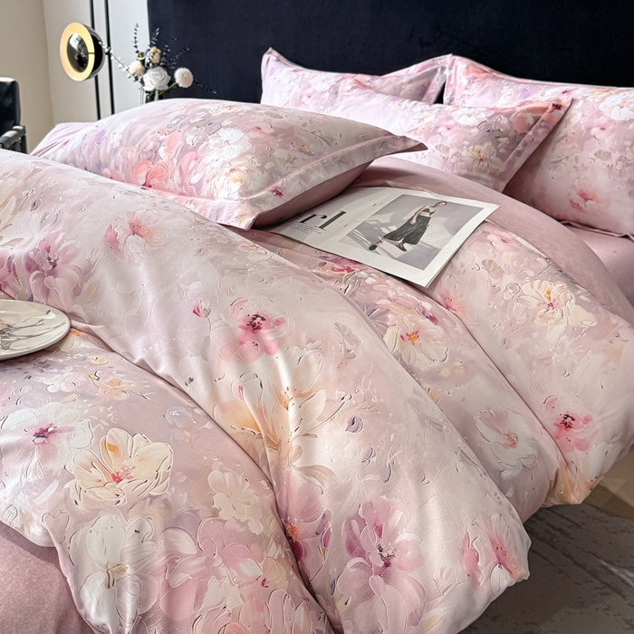 91家纺网 家纺一手货源 找家纺 喜四方 2025新款加厚天丝棉磨毛数码印花四件套 澜音花束-粉