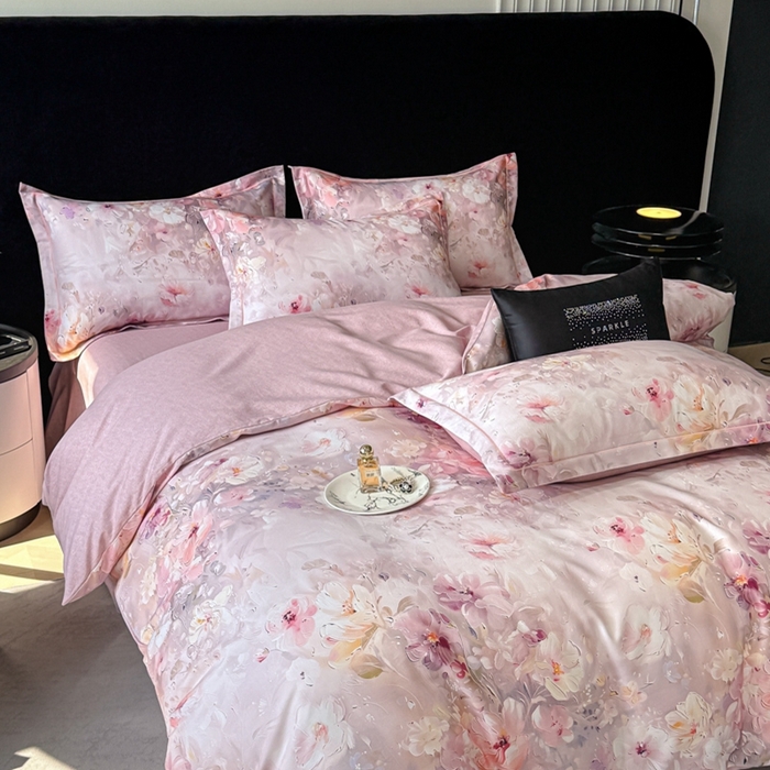 91家纺网 家纺一手货源 找家纺 喜四方 2025新款加厚天丝棉磨毛数码印花四件套 澜音花束-粉