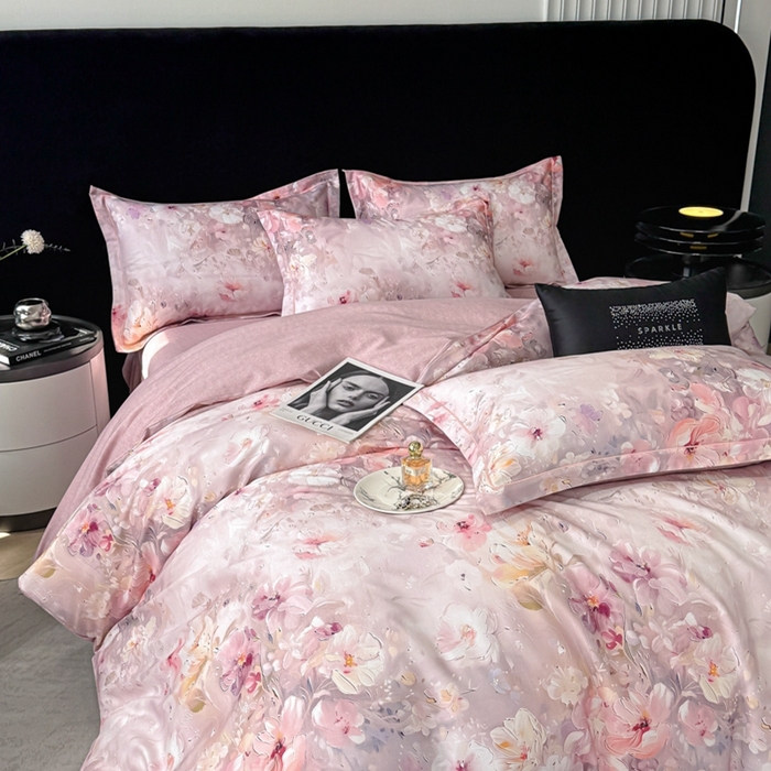 91家纺网 家纺一手货源 找家纺 喜四方 2025新款加厚天丝棉磨毛数码印花四件套 澜音花束-粉