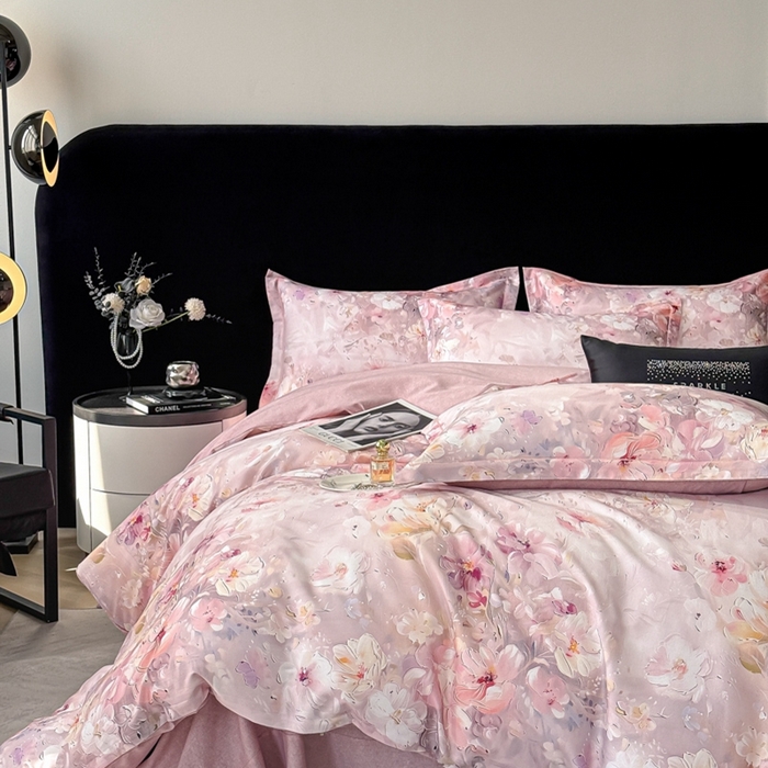 91家纺网 家纺一手货源 找家纺 喜四方 2025新款加厚天丝棉磨毛数码印花四件套 澜音花束-粉