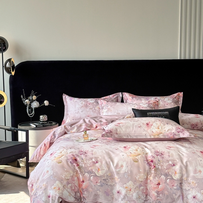 91家纺网 家纺一手货源 找家纺 喜四方 2025新款加厚天丝棉磨毛数码印花四件套 澜音花束-粉