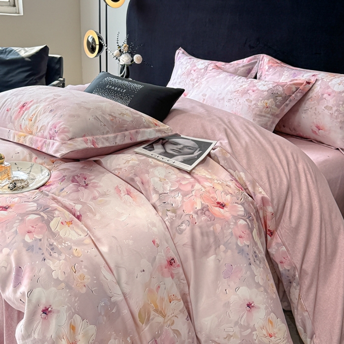 91家纺网 家纺一手货源 找家纺 喜四方 2025新款加厚天丝棉磨毛数码印花四件套 澜音花束-粉