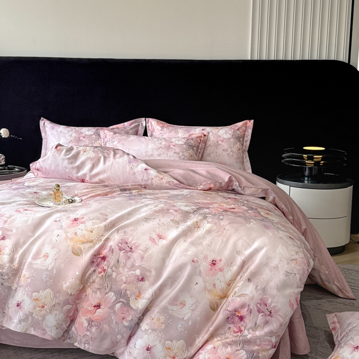 91家纺网 家纺一手货源 找家纺 喜四方 2025新款加厚天丝棉磨毛数码印花四件套 澜音花束-粉