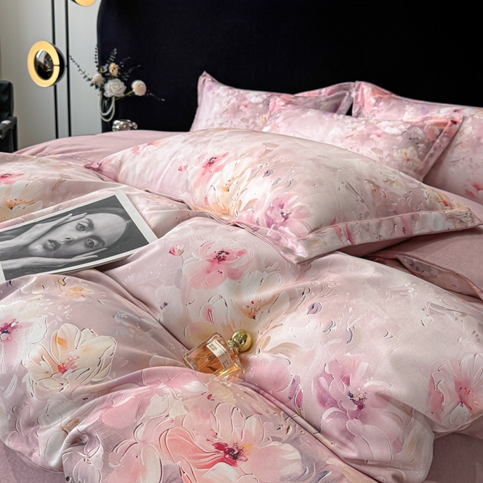 91家纺网 家纺一手货源 找家纺 喜四方 2025新款加厚天丝棉磨毛数码印花四件套 澜音花束-粉