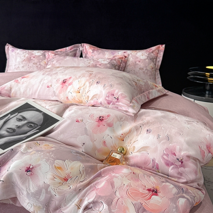 91家纺网 家纺一手货源 找家纺 喜四方 2025新款加厚天丝棉磨毛数码印花四件套 澜音花束-粉