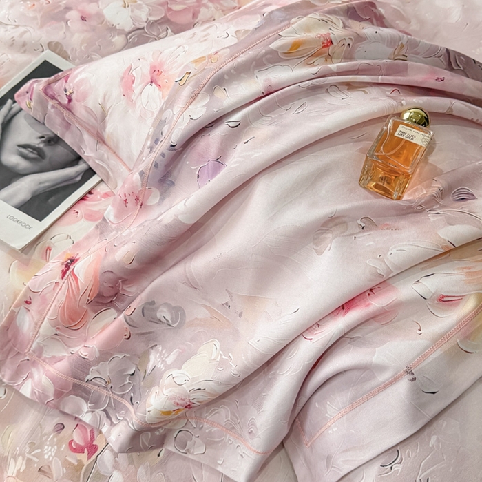 91家纺网 家纺一手货源 找家纺 喜四方 2025新款加厚天丝棉磨毛数码印花四件套 澜音花束-粉