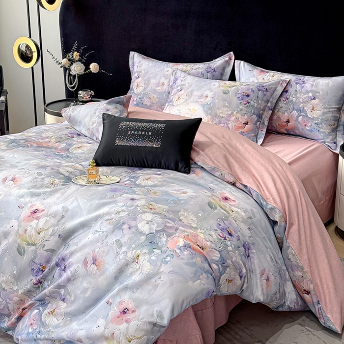 91家纺网 家纺一手货源 找家纺 喜四方 2025新款加厚天丝棉磨毛数码印花四件套 澜音花束-蓝