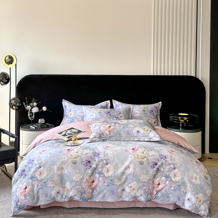 喜四方 2025新款加厚天丝棉磨毛数码印花四件套 澜音花束-蓝