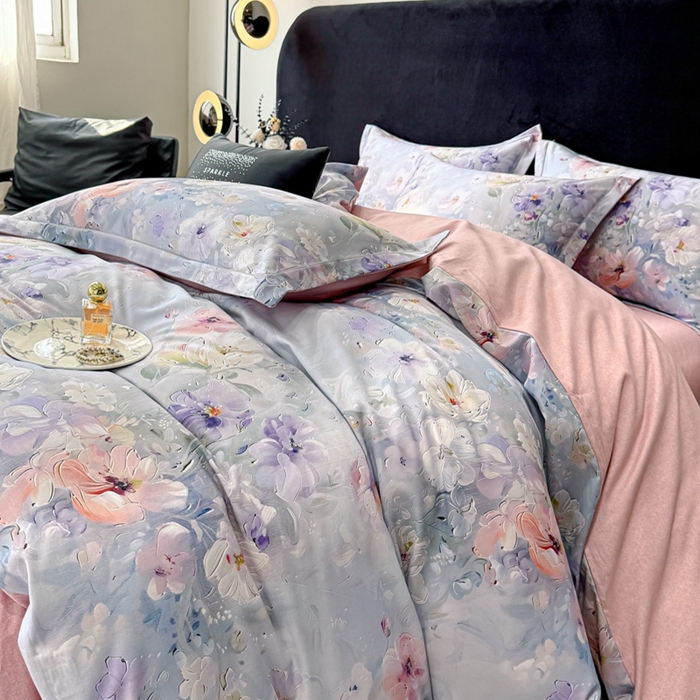 91家纺网 家纺一手货源 找家纺 喜四方 2025新款加厚天丝棉磨毛数码印花四件套 澜音花束-蓝