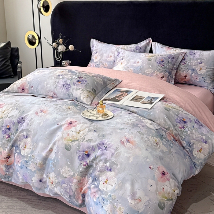 91家纺网 家纺一手货源 找家纺 喜四方 2025新款加厚天丝棉磨毛数码印花四件套 澜音花束-蓝