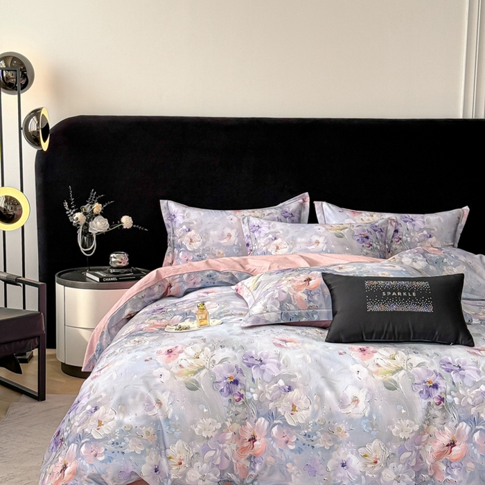 91家纺网 家纺一手货源 找家纺 喜四方 2025新款加厚天丝棉磨毛数码印花四件套 澜音花束-蓝