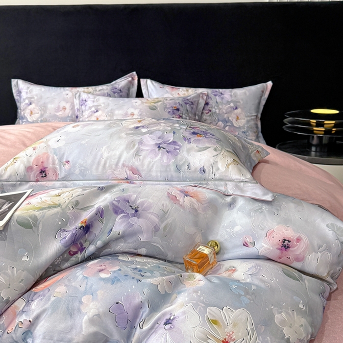 91家纺网 家纺一手货源 找家纺 喜四方 2025新款加厚天丝棉磨毛数码印花四件套 澜音花束-蓝