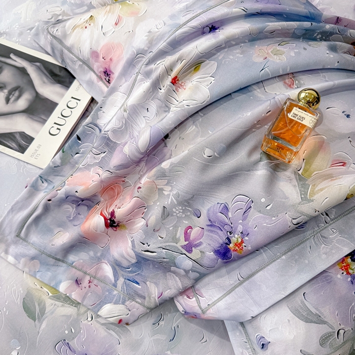 91家纺网 家纺一手货源 找家纺 喜四方 2025新款加厚天丝棉磨毛数码印花四件套 澜音花束-蓝