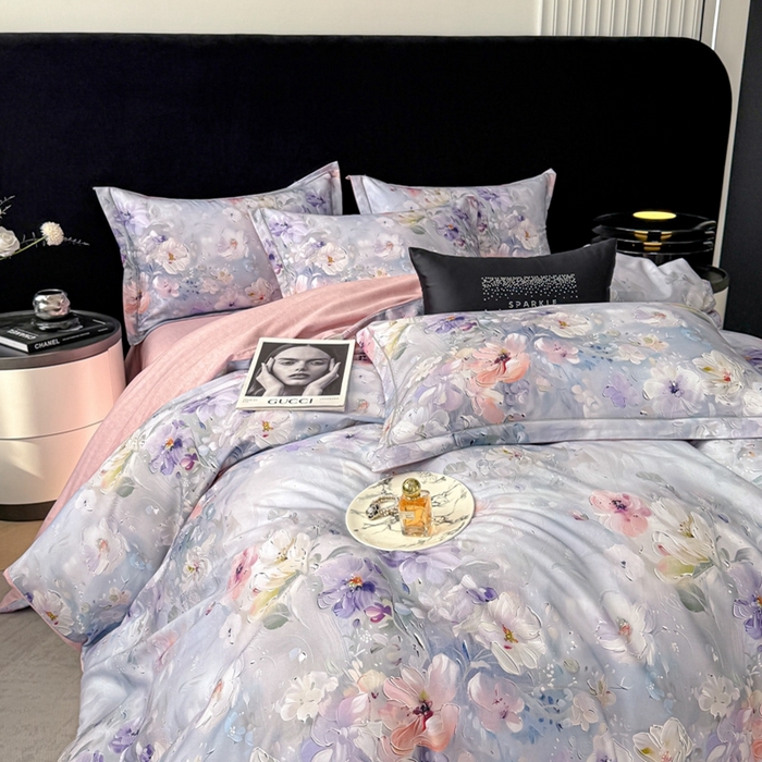 91家纺网 家纺一手货源 找家纺 喜四方 2025新款加厚天丝棉磨毛数码印花四件套 澜音花束-蓝