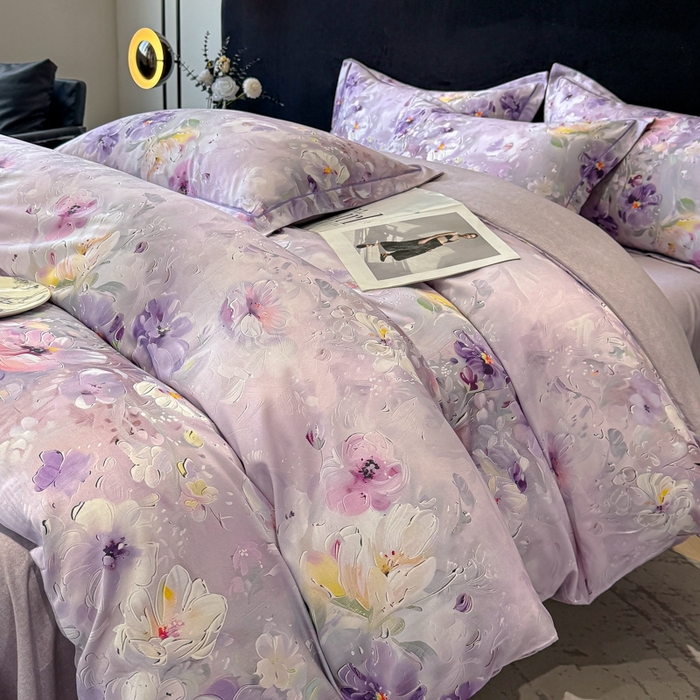 91家纺网 家纺一手货源 找家纺 喜四方 2025新款加厚天丝棉磨毛数码印花四件套 澜音花束-紫