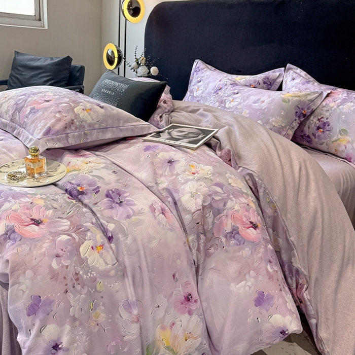 91家纺网 家纺一手货源 找家纺 喜四方 2025新款加厚天丝棉磨毛数码印花四件套 澜音花束-紫