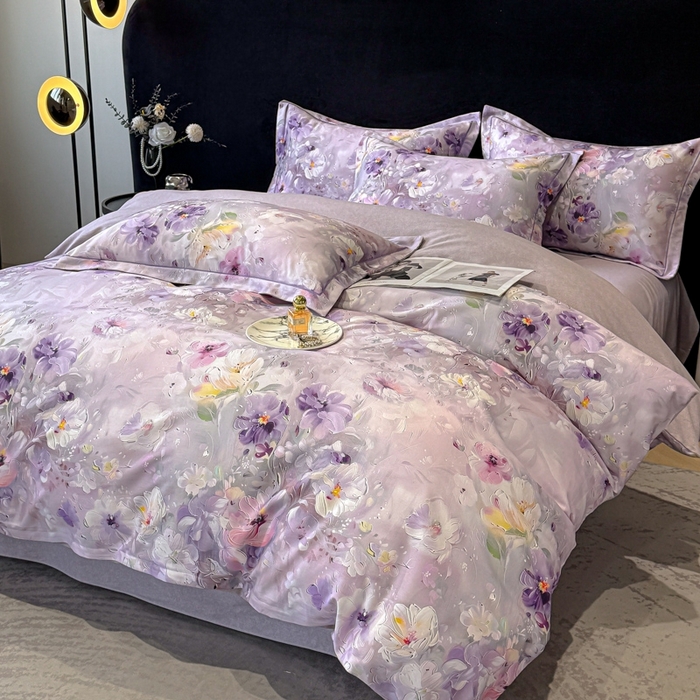 91家纺网 家纺一手货源 找家纺 喜四方 2025新款加厚天丝棉磨毛数码印花四件套 澜音花束-紫