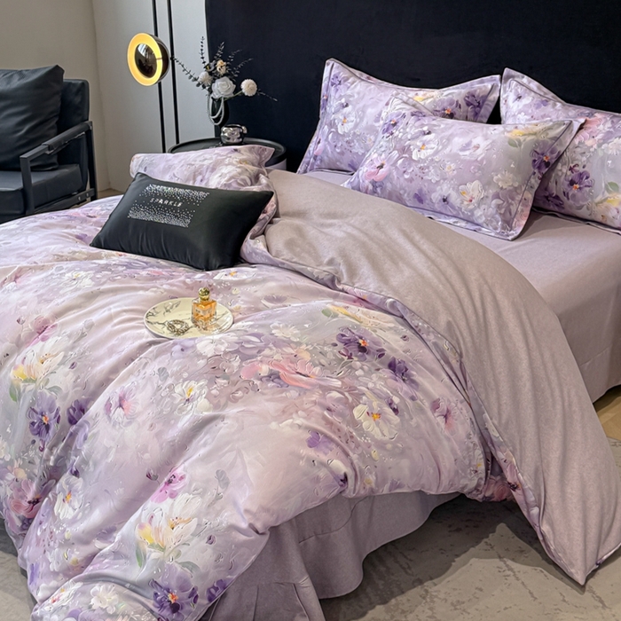 91家纺网 家纺一手货源 找家纺 喜四方 2025新款加厚天丝棉磨毛数码印花四件套 澜音花束-紫