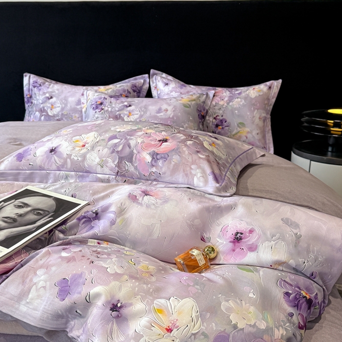 91家纺网 家纺一手货源 找家纺 喜四方 2025新款加厚天丝棉磨毛数码印花四件套 澜音花束-紫