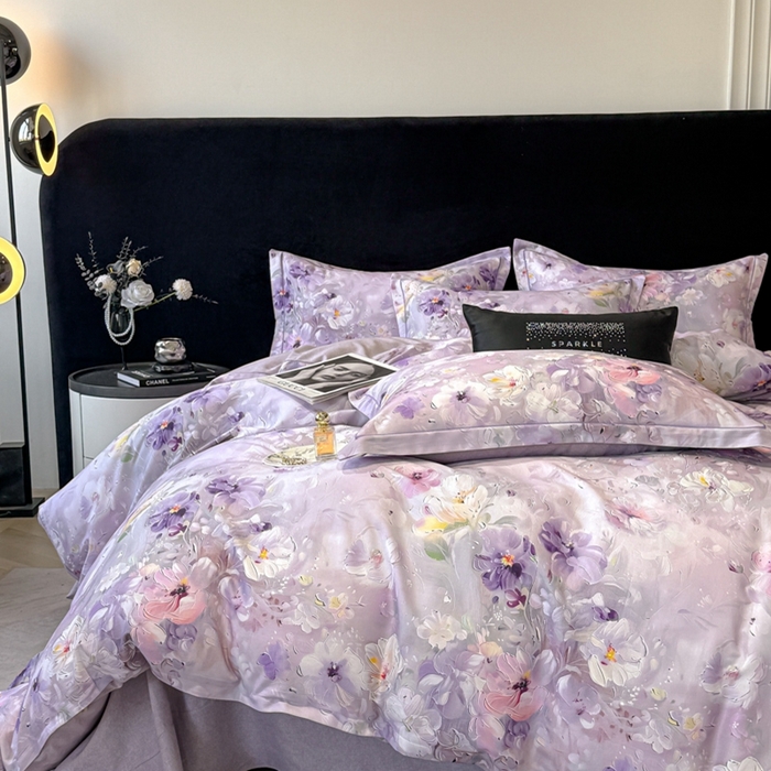 91家纺网 家纺一手货源 找家纺 喜四方 2025新款加厚天丝棉磨毛数码印花四件套 澜音花束-紫