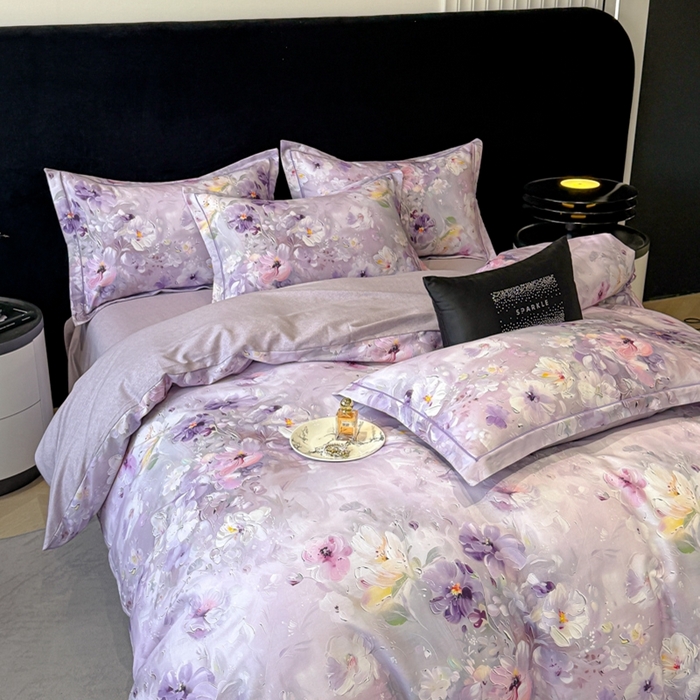 91家纺网 家纺一手货源 找家纺 喜四方 2025新款加厚天丝棉磨毛数码印花四件套 澜音花束-紫