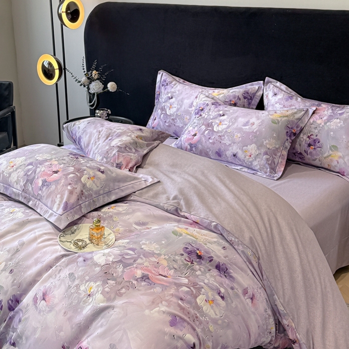 91家纺网 家纺一手货源 找家纺 喜四方 2025新款加厚天丝棉磨毛数码印花四件套 澜音花束-紫