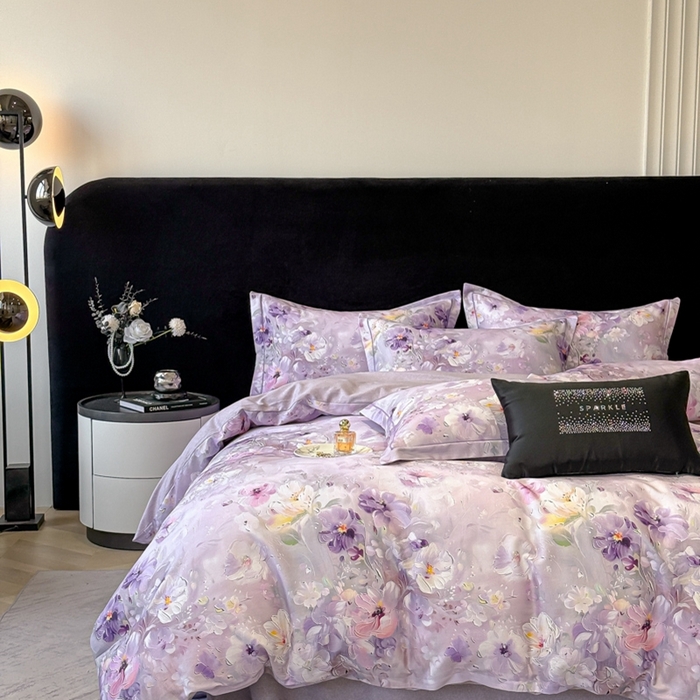 91家纺网 家纺一手货源 找家纺 喜四方 2025新款加厚天丝棉磨毛数码印花四件套 澜音花束-紫