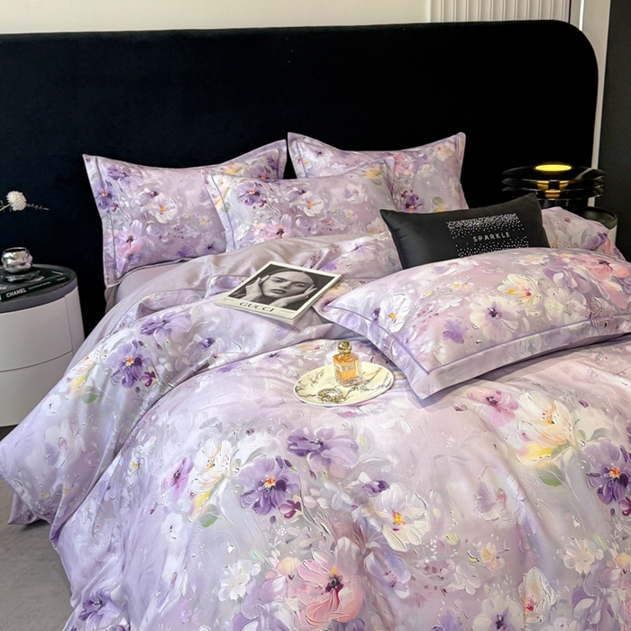91家纺网 家纺一手货源 找家纺 喜四方 2025新款加厚天丝棉磨毛数码印花四件套 澜音花束-紫