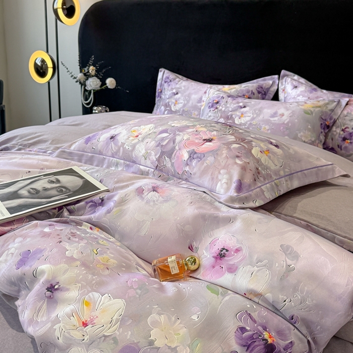 91家纺网 家纺一手货源 找家纺 喜四方 2025新款加厚天丝棉磨毛数码印花四件套 澜音花束-紫