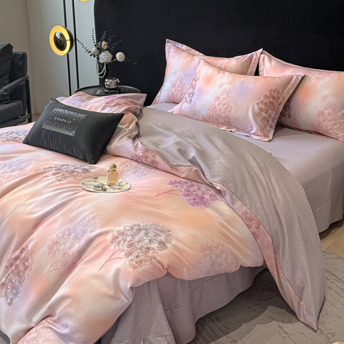 91家纺网 家纺一手货源 找家纺 喜四方 2025新款加厚天丝棉磨毛数码印花四件套 密林-粉