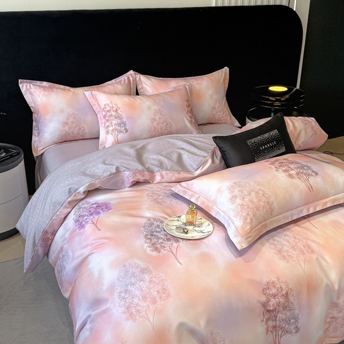 91家纺网 家纺一手货源 找家纺 喜四方 2025新款加厚天丝棉磨毛数码印花四件套 密林-粉