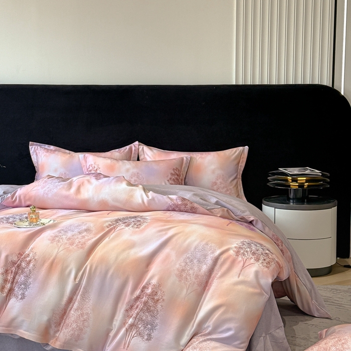 91家纺网 家纺一手货源 找家纺 喜四方 2025新款加厚天丝棉磨毛数码印花四件套 密林-粉