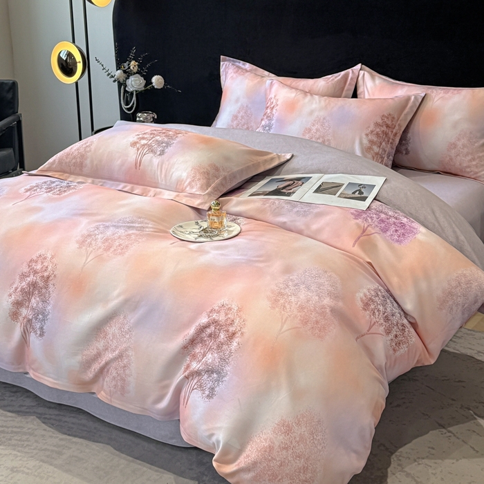 91家纺网 家纺一手货源 找家纺 喜四方 2025新款加厚天丝棉磨毛数码印花四件套 密林-粉