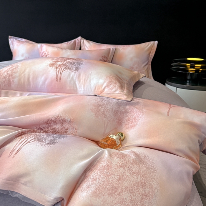 91家纺网 家纺一手货源 找家纺 喜四方 2025新款加厚天丝棉磨毛数码印花四件套 密林-粉