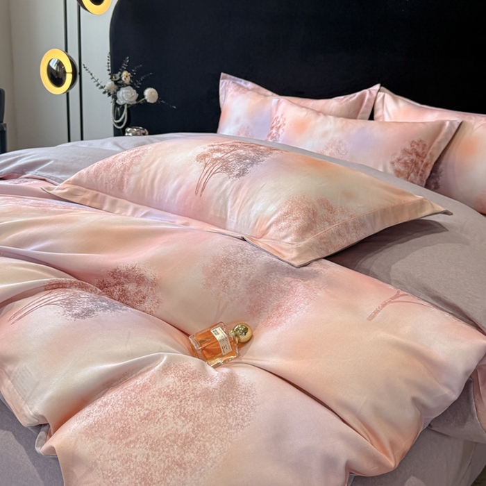 91家纺网 家纺一手货源 找家纺 喜四方 2025新款加厚天丝棉磨毛数码印花四件套 密林-粉