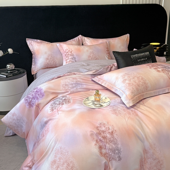 91家纺网 家纺一手货源 找家纺 喜四方 2025新款加厚天丝棉磨毛数码印花四件套 密林-粉