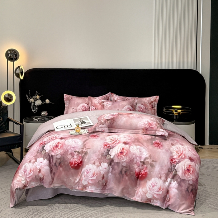 91家纺网 家纺一手货源 找家纺 喜四方 2025新款加厚天丝棉磨毛数码印花四件套 绮梦-粉